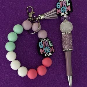 Beaded Keychain wristlet and Pen Set “in my girl mon era” - Handmade